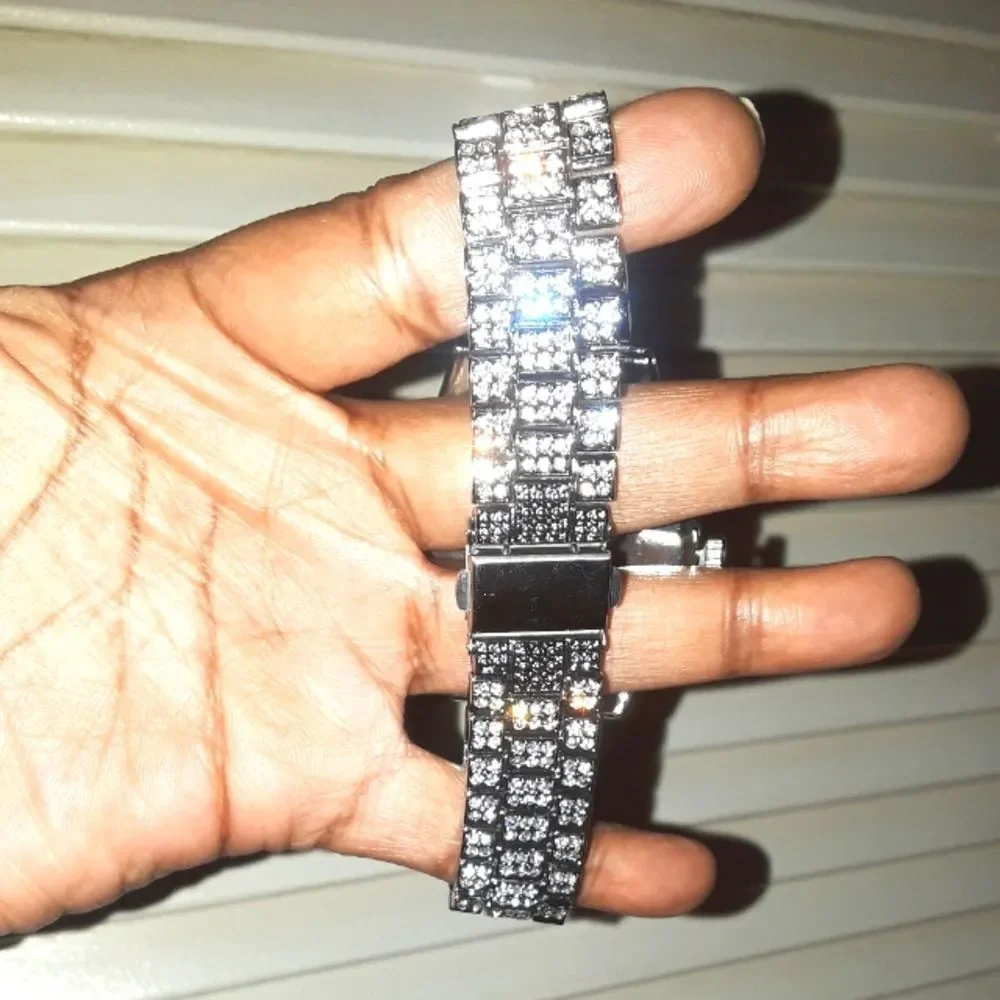 Mens Simulated Diamond Cuban Link With Blue Face Watch